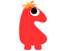 A minimalist cartoon character illustration on a plain white background. The figure is bright red with a single large black-and-white eye and small orange tufts on top of its head.
